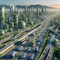 a futuristic city with green buildings and cars on a highway