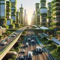 a futuristic city with cars driving on a highway