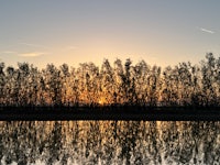 the sun is setting over a lake with trees reflected in the water