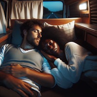 a man and woman sleeping in a van at night