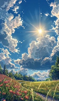 a painting of a sky with clouds and flowers