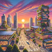 a painting of a futuristic city at sunset