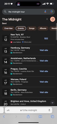 a screenshot of the ios app showing a list of events