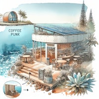 an illustration of a coffee shop on the beach