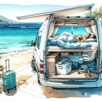 an illustration of a camper van with a woman sleeping in it