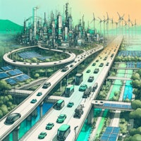 an illustration of a city with wind turbines and cars