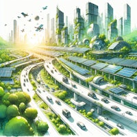 an illustration of a futuristic city with cars and solar panels