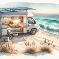 a watercolor illustration of a camper van on the beach