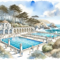 a drawing of a swimming pool near the ocean