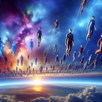 a group of people flying in the sky