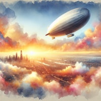 a painting of a zeppelin flying over a city