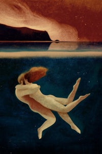 a painting of a man and woman floating in the water